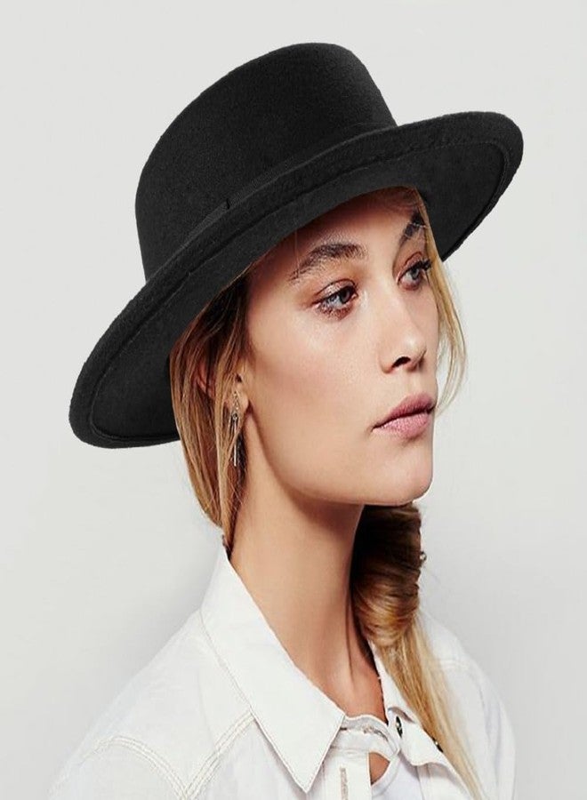 OVOY Classic Wide Brim Flat Top Fedora Hats for Women Men Warm Panama Hat Dress Felt Jazz Hat with Band - Image 2